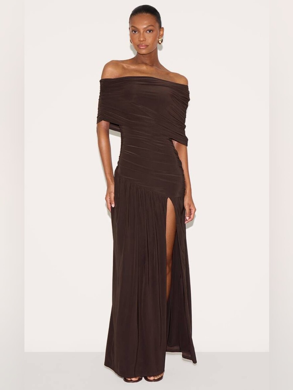 PrettyLittleThing Chocolate Brown Double Layer Slinky Bardot One Shoulder Ruched